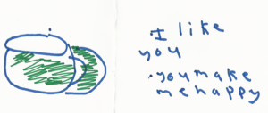 Scan of a handwritten card with a drawing of a mug that reads "I like you. You make me happy."